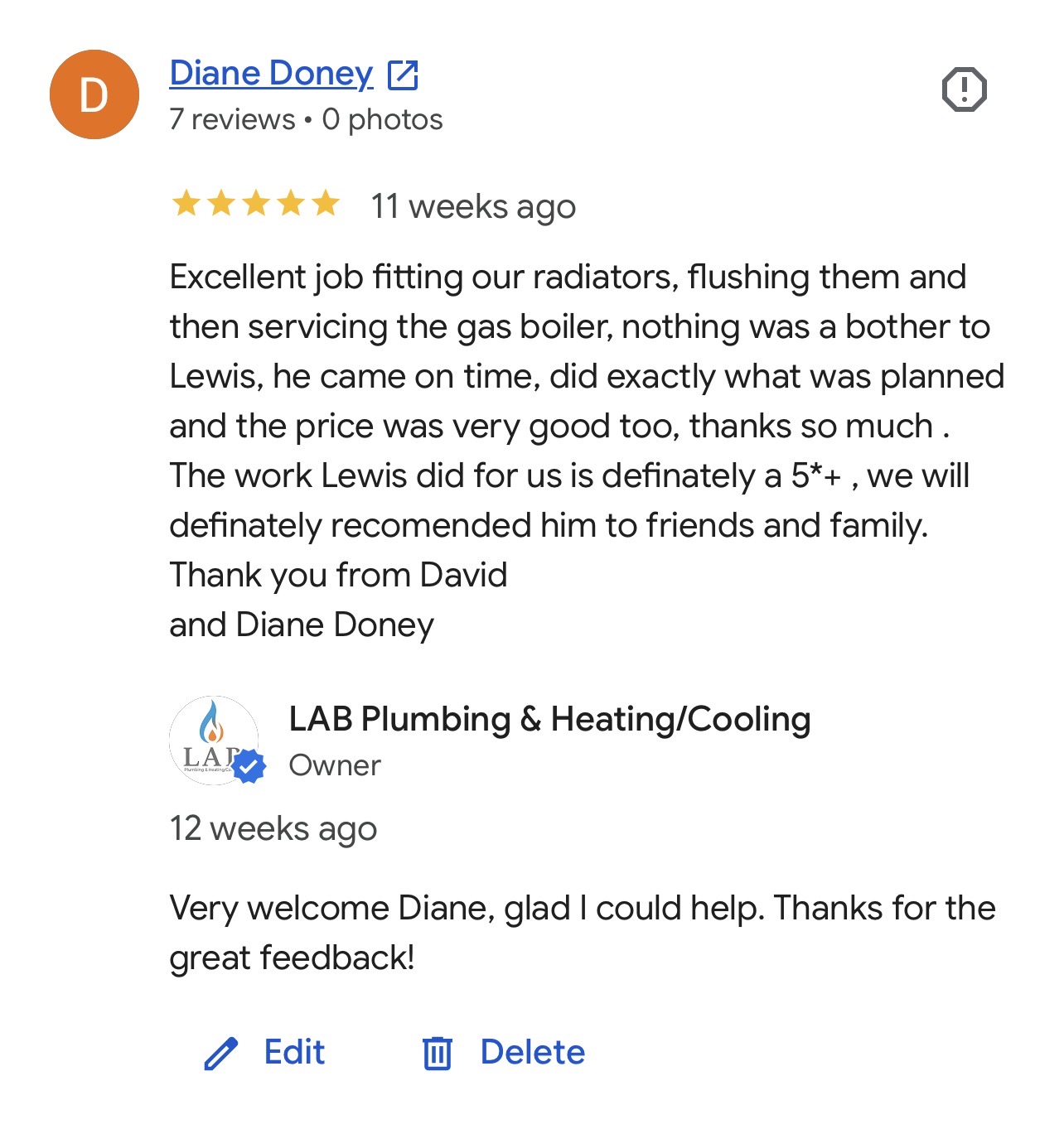 Five-star Google review from Diane Doney praising LAB's radiator fitting, system flushing and boiler servicing