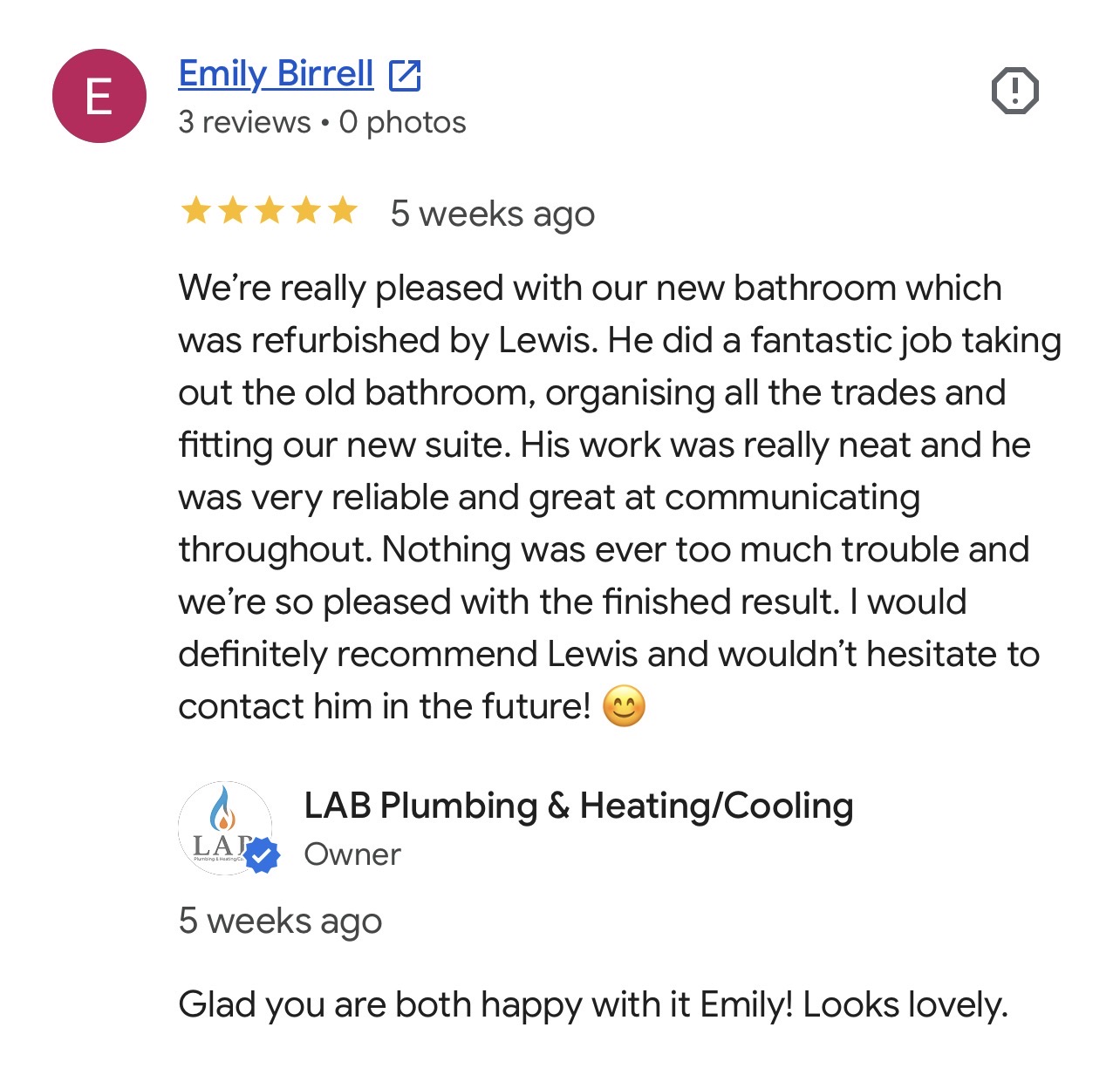 Five-star Google review from Emily Birrell praising LAB's complete bathroom refurbishment, reliability and communication