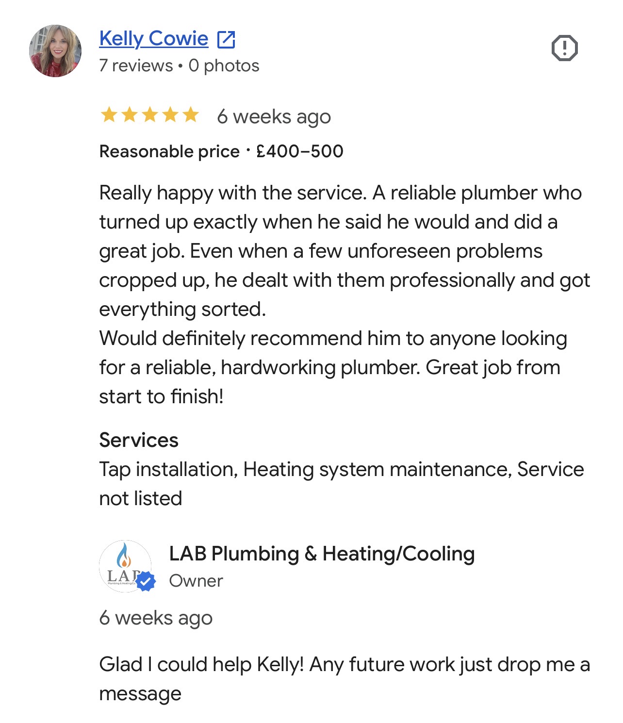 Five-star Google review from Kelly Cowie recommending LAB for reliable, professional plumbing and heating work