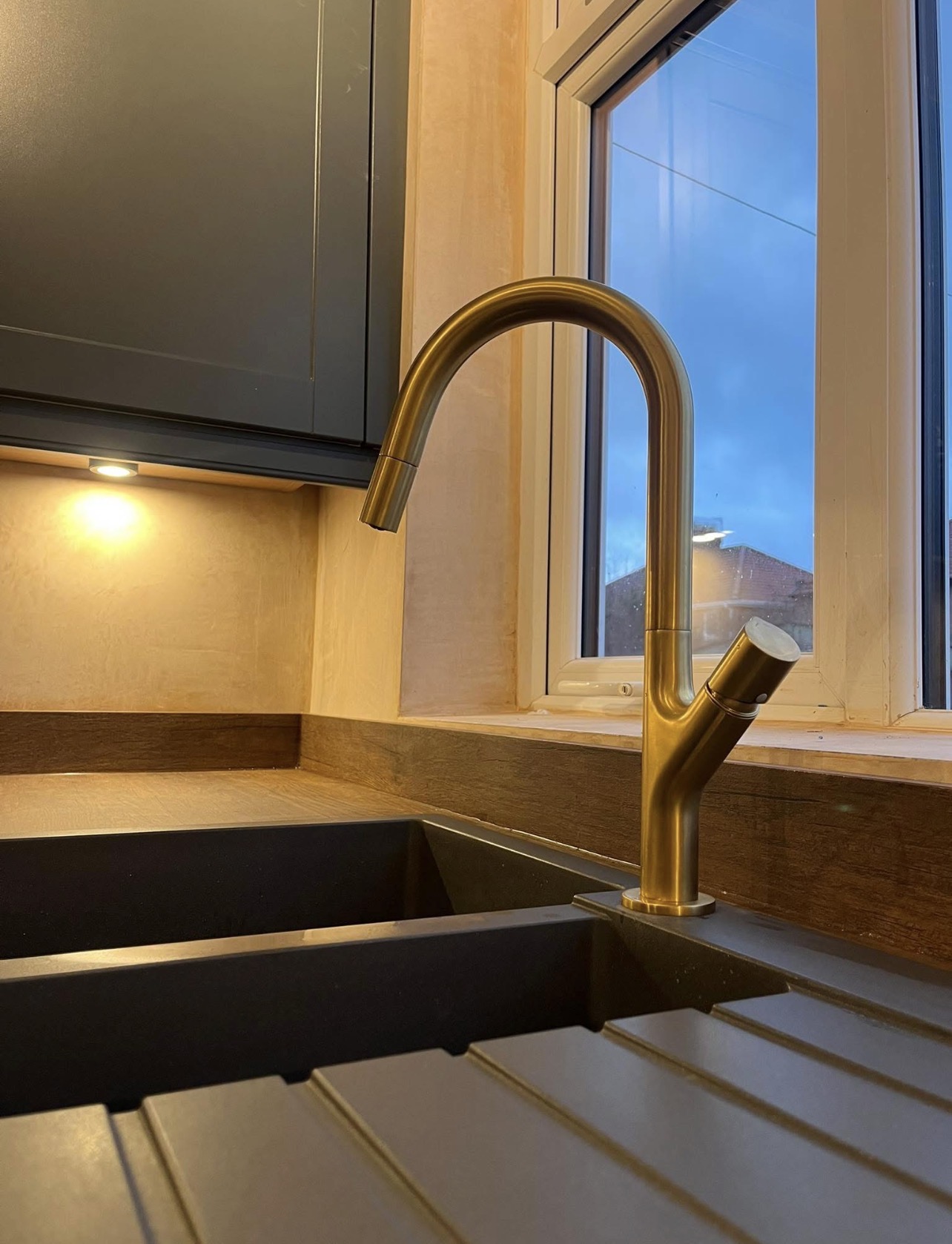 Brass kitchen tap and sink installation by LAB Plumbing and Heating